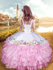 Glorious Rose Pink Little Girls Pageant Dress Wholesale Wedding Party with Embroidery and Ruffled Layers Straps Sleeveless Lace Up