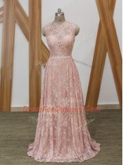 Dazzling Chiffon and Lace Sleeveless Floor Length Prom Dress Brush Train and Beading