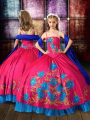 Hot Pink Spaghetti Straps Neckline Embroidery Little Girl Pageant Dress Sleeveless Lace Up