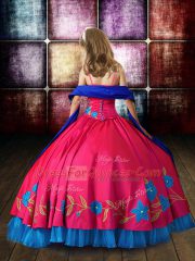 Hot Pink Spaghetti Straps Neckline Embroidery Little Girl Pageant Dress Sleeveless Lace Up