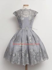 Grey A-line Tulle Scalloped Cap Sleeves Lace Tea Length Lace Up Dama Dress for Quinceanera
