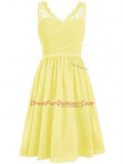 Extravagant Yellow Empire V-neck Sleeveless Chiffon Knee Length Side Zipper Lace and Ruching Dama Dress for Quinceanera