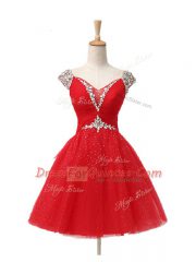 Free and Easy V-neck Cap Sleeves Prom Evening Gown Mini Length Beading and Sequins Red Tulle