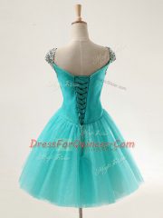 Free and Easy V-neck Cap Sleeves Prom Evening Gown Mini Length Beading and Sequins Red Tulle