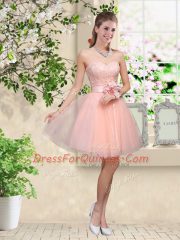 Light Yellow A-line Lace and Belt Dama Dress Lace Up Tulle Sleeveless Knee Length
