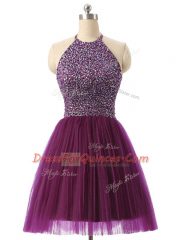 Dark Purple Sleeveless Mini Length Beading and Sequins Backless Evening Dress