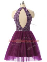Dark Purple Sleeveless Mini Length Beading and Sequins Backless Evening Dress
