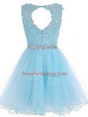 Customized Lavender A-line Scoop Sleeveless Tulle Mini Length Zipper Beading and Lace and Appliques Prom Gown