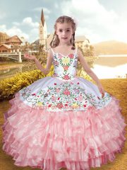Affordable Ball Gowns Child Pageant Dress Baby Pink Straps Organza and Taffeta Sleeveless Floor Length Lace Up