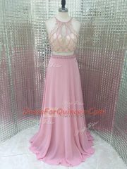 Beading Evening Dress Pink Zipper Sleeveless Brush Train