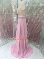Beading Evening Dress Pink Zipper Sleeveless Brush Train