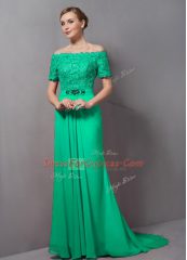 Low Price Green Off The Shoulder Short Sleeves Sweep Train Zipper
