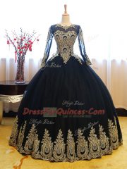 Custom Made Navy Blue Long Sleeves Appliques Floor Length Quince Ball Gowns