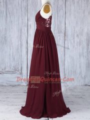 Burgundy Empire Appliques Quinceanera Dama Dress Zipper Chiffon Sleeveless Floor Length