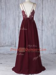 Burgundy Empire Appliques Quinceanera Dama Dress Zipper Chiffon Sleeveless Floor Length