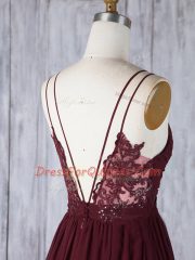 Burgundy Empire Appliques Quinceanera Dama Dress Zipper Chiffon Sleeveless Floor Length