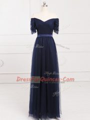 Floor Length Lace Up Quinceanera Court Dresses Navy Blue for Prom and Party and Wedding Party with Ruching