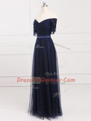 Floor Length Lace Up Quinceanera Court Dresses Navy Blue for Prom and Party and Wedding Party with Ruching