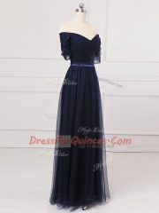 Floor Length Lace Up Quinceanera Court Dresses Navy Blue for Prom and Party and Wedding Party with Ruching