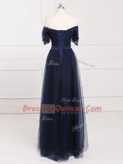 Floor Length Lace Up Quinceanera Court Dresses Navy Blue for Prom and Party and Wedding Party with Ruching