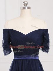 Floor Length Lace Up Quinceanera Court Dresses Navy Blue for Prom and Party and Wedding Party with Ruching