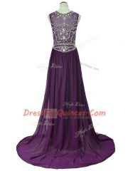 Fantastic Purple Elastic Woven Satin Brush Train Short Sleeves Beading