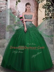 Dark Green Ball Gowns Tulle Strapless Sleeveless Beading Floor Length Lace Up Sweet 16 Quinceanera Dress