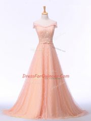 Lace Up Evening Dress Peach for Prom and Party and Military Ball and Sweet 16 with Beading and Lace and Belt Brush Train