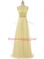Light Yellow Sleeveless Floor Length Beading and Lace and Appliques Zipper Prom Dresses