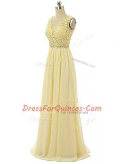 Light Yellow Sleeveless Floor Length Beading and Lace and Appliques Zipper Prom Dresses