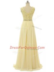 Light Yellow Sleeveless Floor Length Beading and Lace and Appliques Zipper Prom Dresses