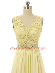 Light Yellow Sleeveless Floor Length Beading and Lace and Appliques Zipper Prom Dresses