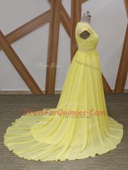 Decent Empire Short Sleeves Yellow Prom Dresses Brush Train Zipper
