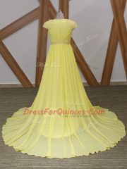 Decent Empire Short Sleeves Yellow Prom Dresses Brush Train Zipper