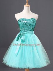 Sweetheart Sleeveless Prom Party Dress Mini Length Sequins Aqua Blue Tulle