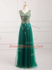 Dark Green Empire V-neck Sleeveless Tulle Floor Length Zipper Lace Prom Gown