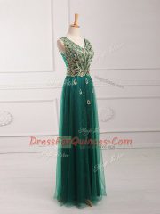 Dark Green Empire V-neck Sleeveless Tulle Floor Length Zipper Lace Prom Gown