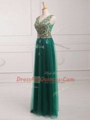 Dark Green Empire V-neck Sleeveless Tulle Floor Length Zipper Lace Prom Gown
