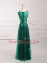 Dark Green Empire V-neck Sleeveless Tulle Floor Length Zipper Lace Prom Gown