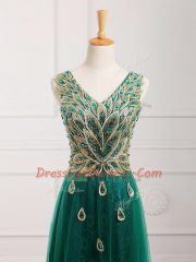 Dark Green Empire V-neck Sleeveless Tulle Floor Length Zipper Lace Prom Gown
