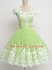 High Quality Yellow Green Dama Dress for Quinceanera Prom and Party and Wedding Party with Lace Square Cap Sleeves Zipper