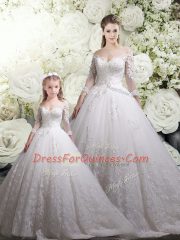 Ball Gowns Half Sleeves White Ball Gown Prom Dress Chapel Train Zipper