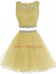 Gorgeous Yellow Tulle Zipper Sweetheart Sleeveless Mini Length Beading and Lace and Appliques