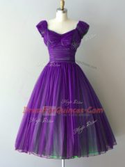 Sexy Purple A-line Chiffon V-neck Cap Sleeves Ruching Knee Length Lace Up Quinceanera Court of Honor Dress