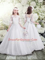 Ideal Scoop Half Sleeves Tulle Flower Girl Dresses Lace Lace Up