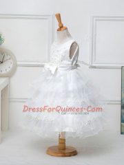 High Quality White Ball Gowns Scoop Sleeveless Organza Tea Length Zipper Ruffled Layers and Bowknot Flower Girl Dress