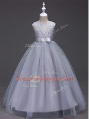 Lovely Grey Sleeveless Lace Floor Length Flower Girl Dresses
