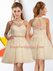 Dramatic Champagne A-line Halter Top Sleeveless Tulle Knee Length Zipper Lace Quinceanera Court Dresses
