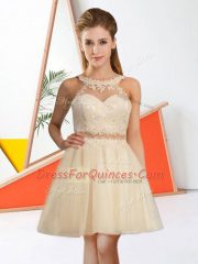 Dramatic Champagne A-line Halter Top Sleeveless Tulle Knee Length Zipper Lace Quinceanera Court Dresses