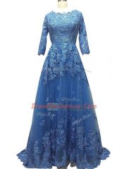 Blue Dress for Prom Tulle Brush Train 3 4 Length Sleeve Lace and Appliques